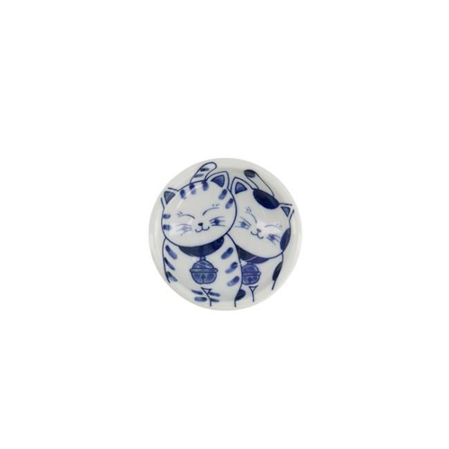 Coupelle japonaise à sauce en porcelaine motif chats Neko bleus fabriquée au Japon - vue du dessus