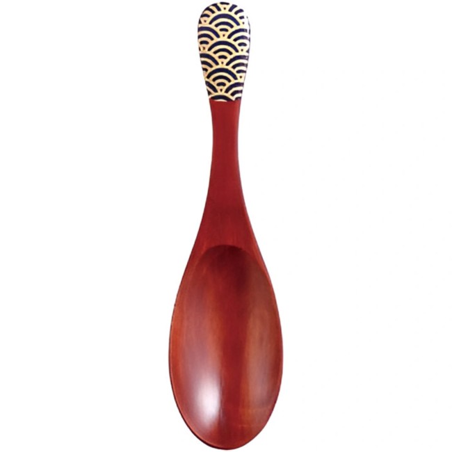 Cuillère japonaise en bois laqué rouge avec motif Seigaiha traditionnel, fabriquée à la main au Japon