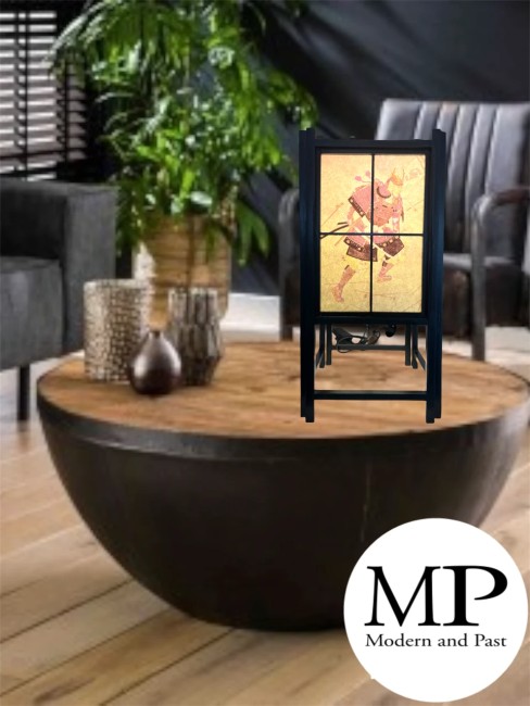 Lampe japonaise d’ambiance motif Samouraï lampe japonaise en bois et papier motif Samouraï