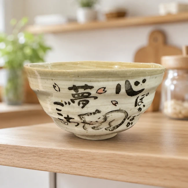 Bol japonais chat Warabeuta Neko fait main au Japon - Modern and Past Bol japonais chat Warabeuta Neko en porcelaine de Mino - Modern and Past
