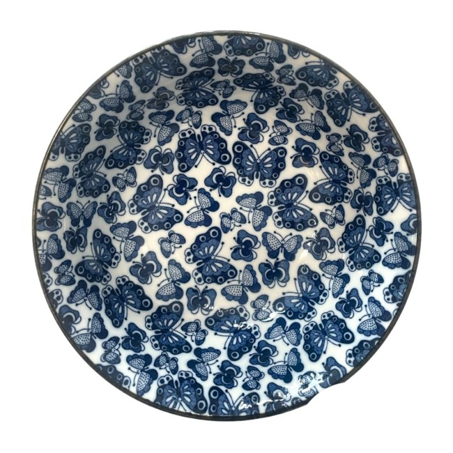 Bol à ramen blanc papillons bleus fabriqué au Japon - modern and Past