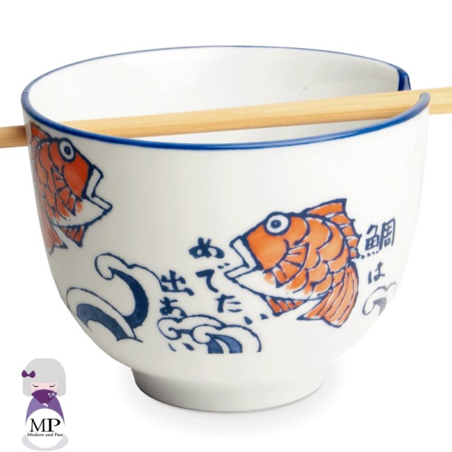 Bol japonais en céramique motif Carpe Koï avec support à baguettes intégré
