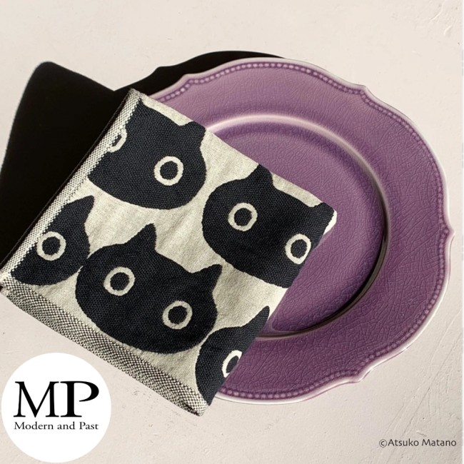 serviette japonaise gaze coton beige Chat Mémé Face Atsuko Matano