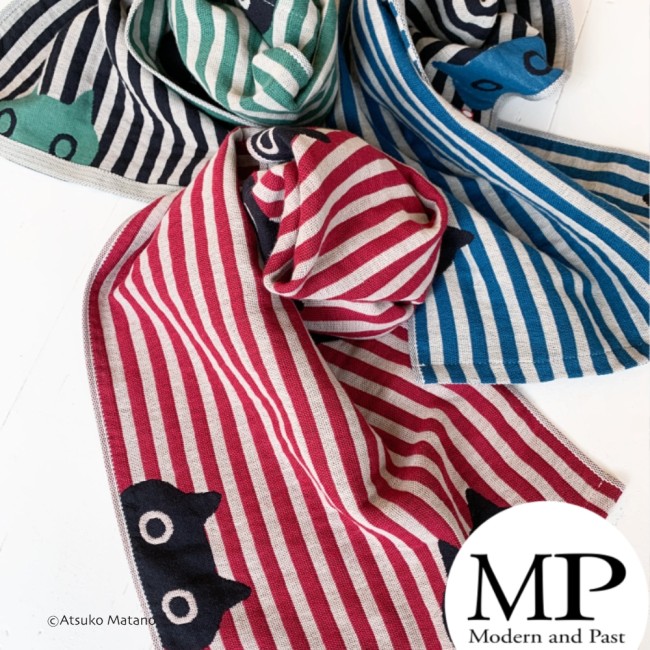 Serviette japonaise en gaze de coton rouge et blanche motif chat MMST Atsuko Matano fabriquée au Japon