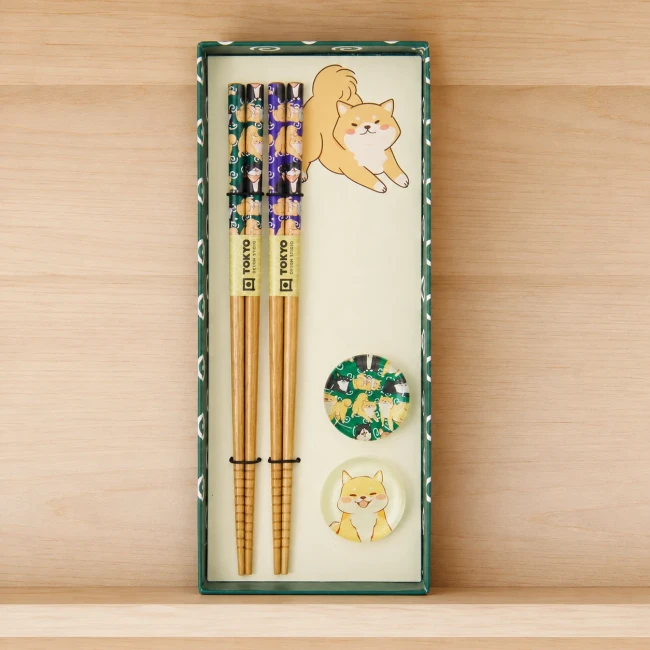Coffret baguettes japonaises Shiba Tokyo Design Studio Coffret 2 paires de baguettes Shiba en bambou avec repose-baguettes en verre