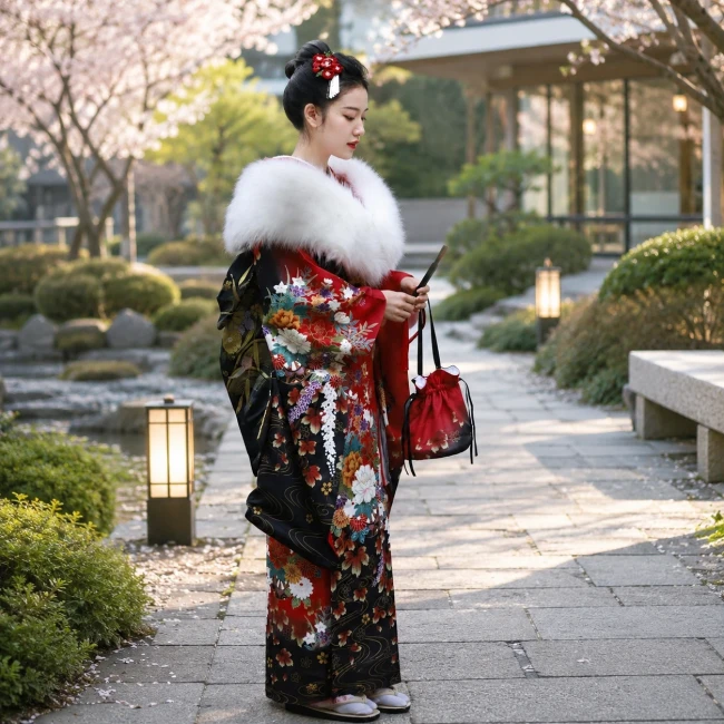 Kimono japonais femme rouge et noir motifs à fleurs Kimono japonais traditionnel femme rouge et noir motifs fleurs