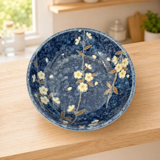 Intérieur du saladier japonais bleu à fleurs - Modern and Past Vue intérieure du saladier japonais bleu motifs fleurs - Modern and Past
