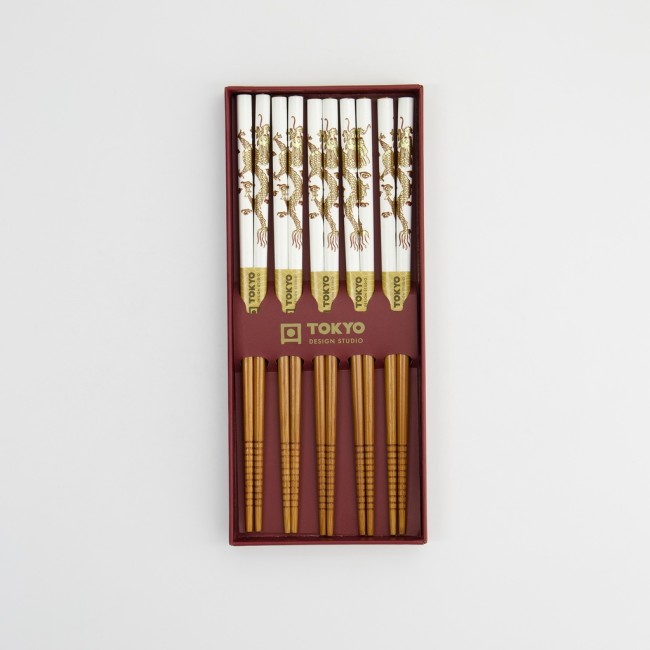 Coffret 5 paires de baguettes japonaises Dragon Rouge motifs dorés