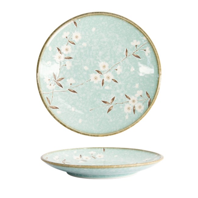Assiette japonaise turquoise Sakura Ø26 cm fleurs cerisier relief
