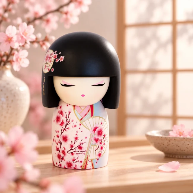 Figurine Kimmidoll Sakura 10 cm sérénité, Kokeshi japonaise kimono fleurs de cerisier - Modern and Past