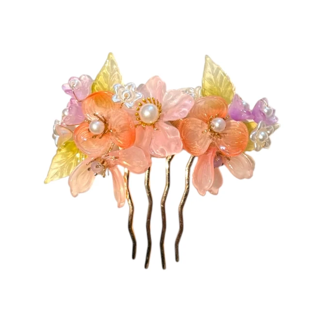 Barrette à cheveux japonaise fleurs rose orange - Modern and Past Barrette japonaise fleurs rose orange en verre Modern and Past