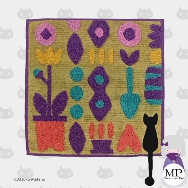 Mini serviette japonaise violette en coton éponge motif chat Gardening Atsuko Matano fabriquée au Japon