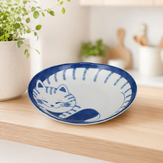 Assiette japonaise chat Tora bleu et blanc - Modern and Past Assiette japonaise ronde chat tigré Tora bleu et blanc en porcelaine - Modern and Past