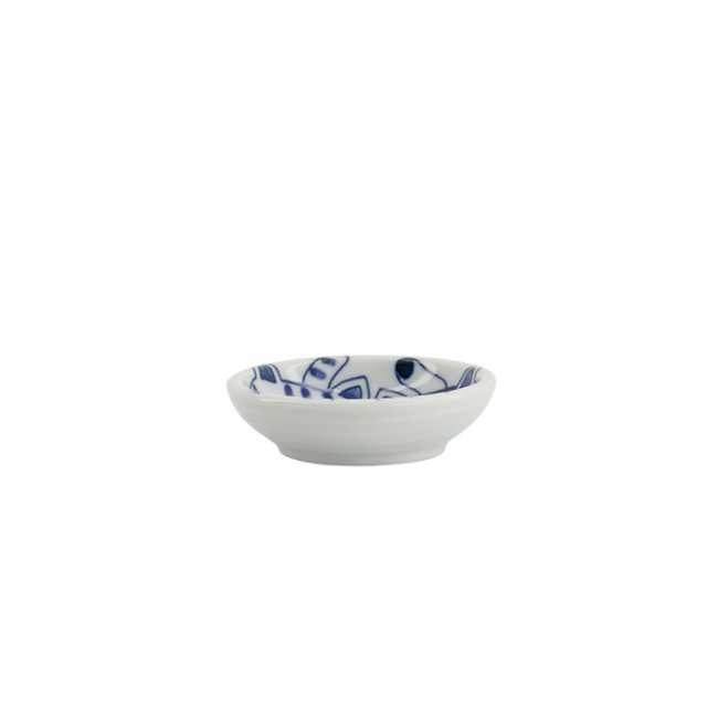 Coupelle japonaise à sauce en porcelaine motif chats Neko bleus fabriquée au Japon - vue de côté
