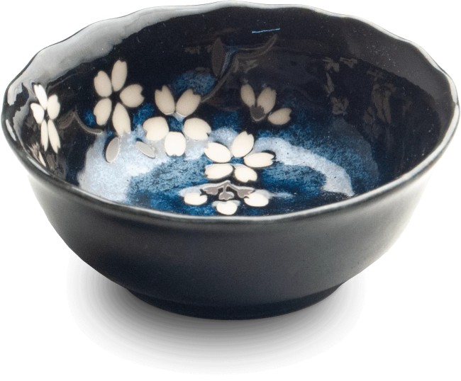 Coupelle japonaise Anémone Bleu – fleurs de cerisier – fabriquée au Japon Coupelle japonaise à sauce Anémone Bleu en porcelaine aux fleurs de cerisier fabriquée au Japon vue de côté