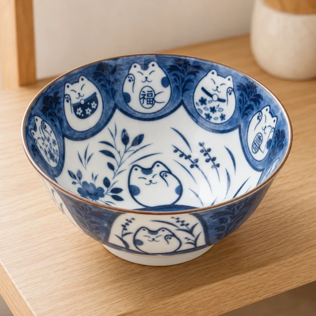 Bol japonais en céramique avec motifs chats porte-bonheurs