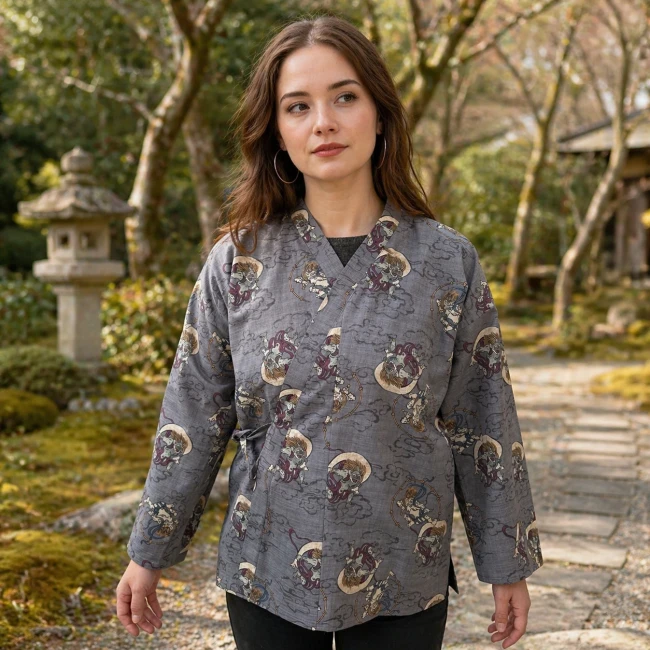 Haori femme gris en tissu japonais coton porté de face Modern and Past