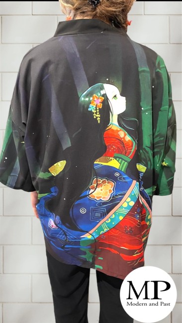 Kimono moderne japonais noir avec personnage et bambous
