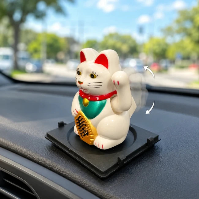 Mini chat porte-bonheur solaire Maneki Neko blanc sur tableau de bord Modern and Past
