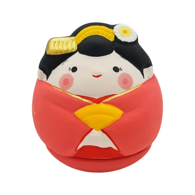 Figurine Fukumaru culbuto Maiko en terre cuite peinte à la main au Japon chez Modern and Past