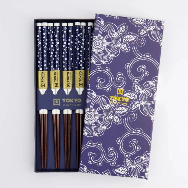 Coffret baguettes japonaises – Fleurs du Japon – Tokyo Design Coffret de 5 paires de baguettes japonaises en bois aux motifs de fleurs du Japon Tokyo Design