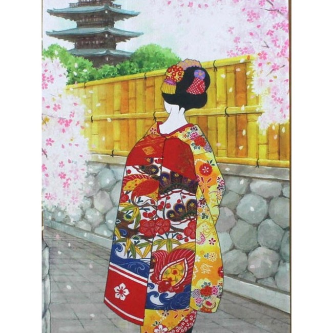 Noren japonais Sakura Kiyomizu avec geisha et cerisiers en fleurs fabriqué au Japon