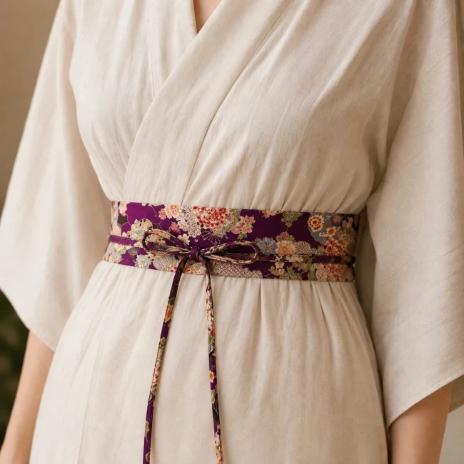 Ceinture obi japonaise mauve en coton fait main Modern and Past