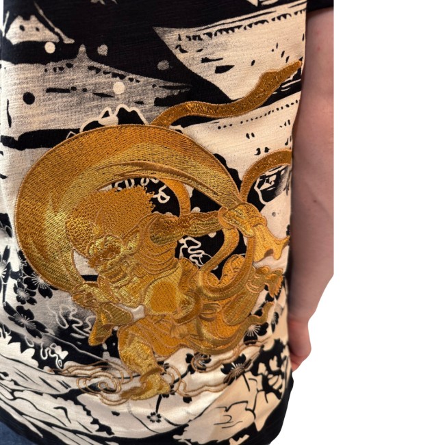 T-shirt Sukajan noir brodé Raijin et Fujin dieux japonais