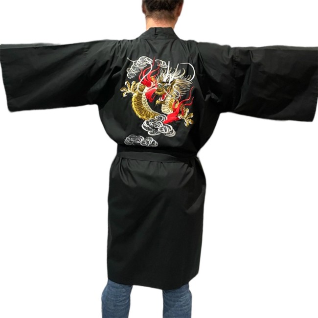 Yukata japonais homme noir avec dragon brodé – Fabriqué au Japon