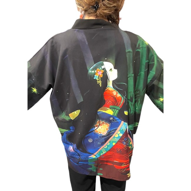 Kimono moderne japonais noir avec personnage et bambous
