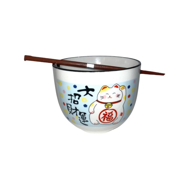 Bol japonais Maneki Neko avec repose-baguettes intégré - bleu