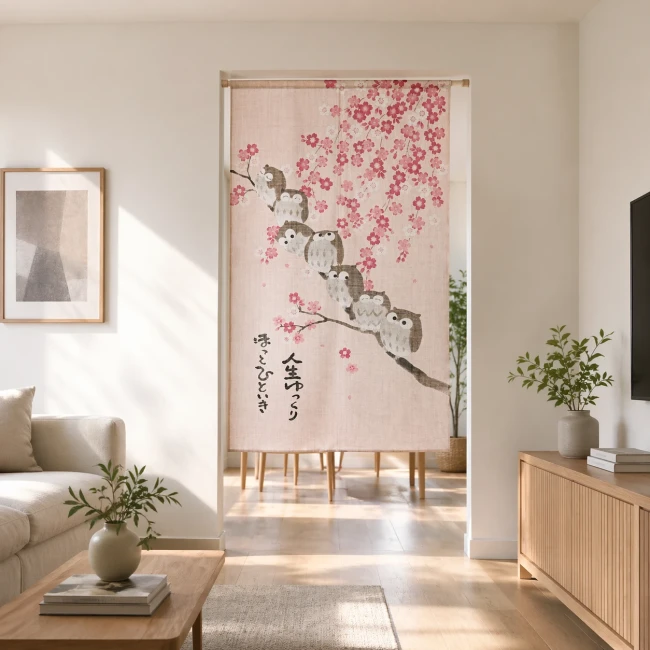 Noren japonais hiboux et fleurs de cerisier 85x150 cm dans un intérieur lumineux - Modern and Past