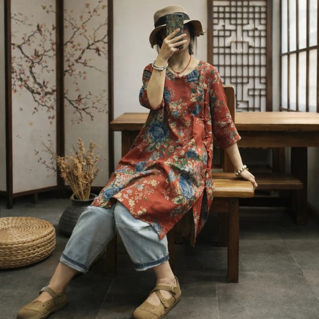 tunique asiatique rouge en coton manches trois quarts tunique asiatique rouge en coton manches trois quarts fermeture latérale