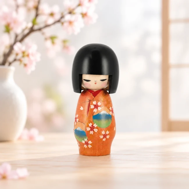 Kokeshi japonaise Kimono Printemps faite main au Japon - Modern and Past Poupée japonaise Kokeshi Kimono Printemps orange - Modern and Past