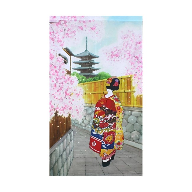 Noren japonais Sakura Kiyomizu avec geisha et cerisiers en fleurs fabriqué au Japon