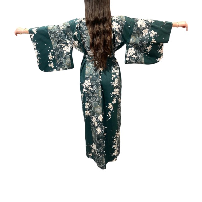 Yukata japonais femme coton vert avec motifs floraux