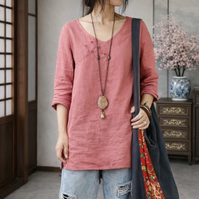 chemisier asiatique saumon manche trois quart coton