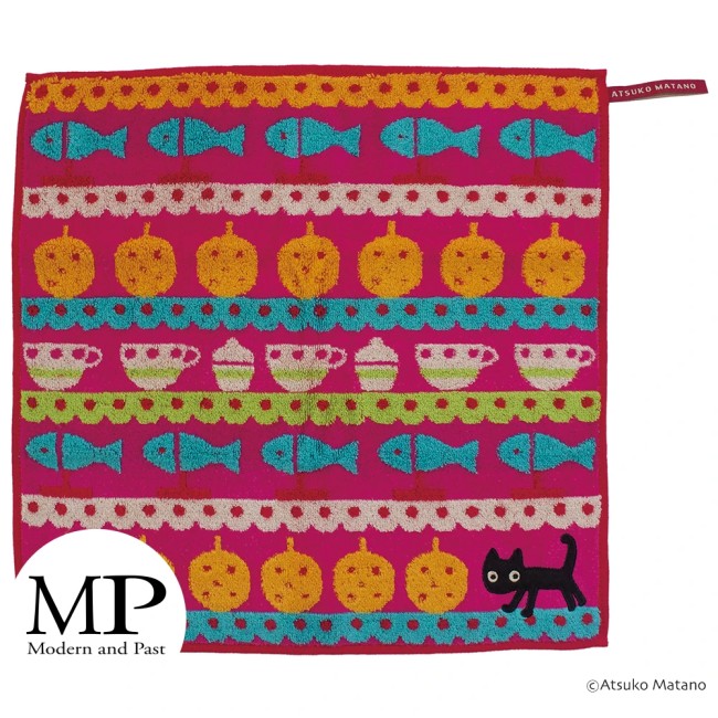 Essuie-mains japonais fuchsia motif chat MMBB Atsuko Matano