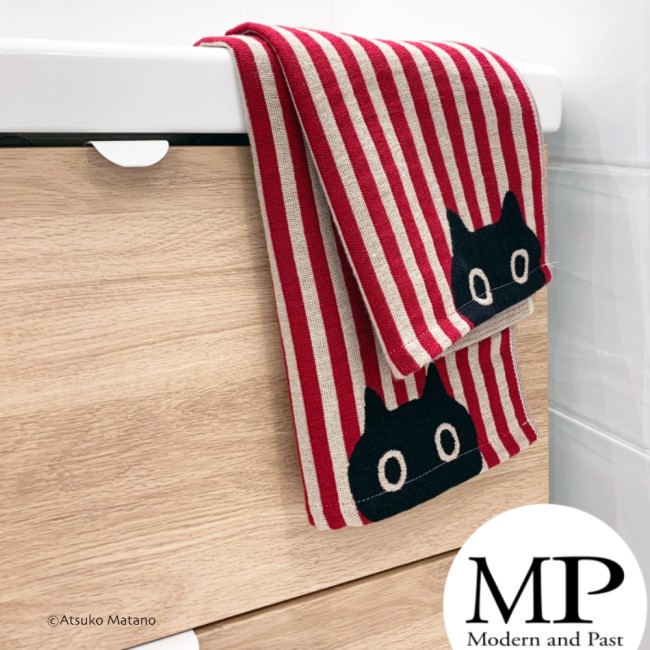 Serviette japonaise en gaze de coton rouge et blanche motif chat MMST Atsuko Matano fabriquée au Japon