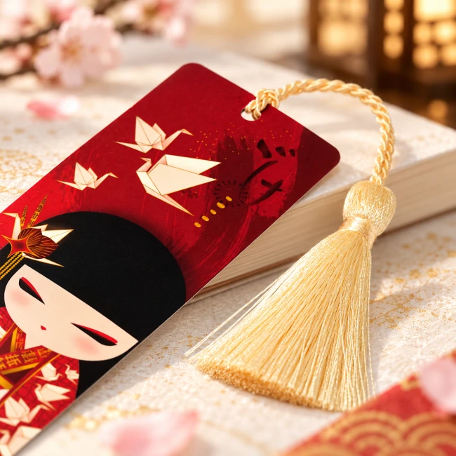 Marque-page Kimmidoll Nozomi rouge avec grues japonaises en origami et pompon doré – Modern and Past