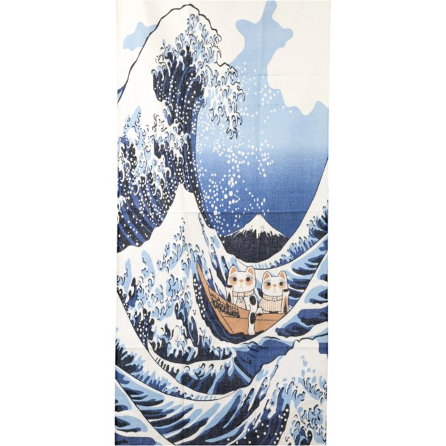 Tenugui japonais motif Vague de Kanagawa, Neko et Mont Fuji