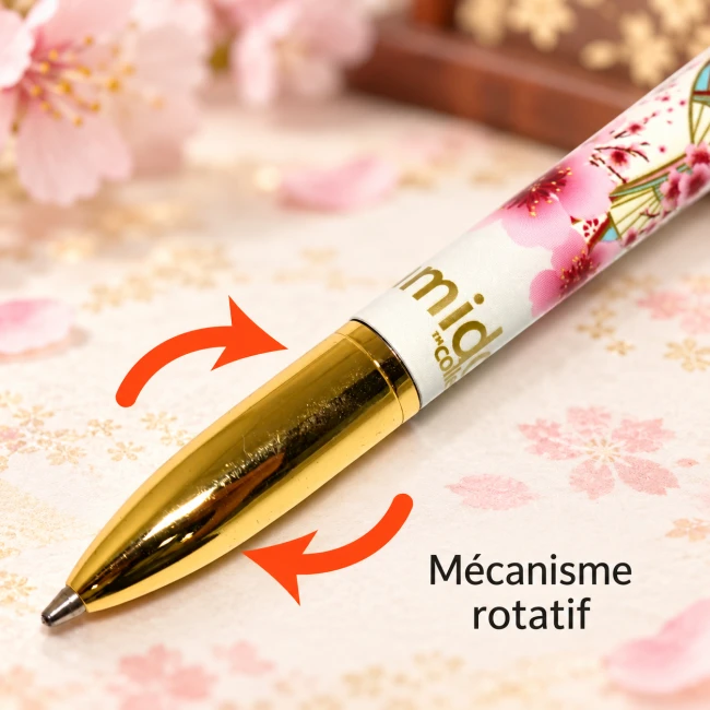 Stylo à bille Kimmidoll Sakura – Mécanisme rotatif | Modern and Past Stylo à bille Kimmidoll Sakura doré avec fleurs de cerisier japonais et encre noire – Modern and Past
