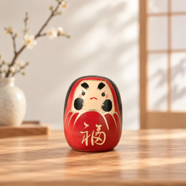 Kokeshi Daruma japonaise rouge faite main au Japon - Modern and Past Poupée japonaise Kokeshi Daruma rouge porte-bonheur - Modern and Past