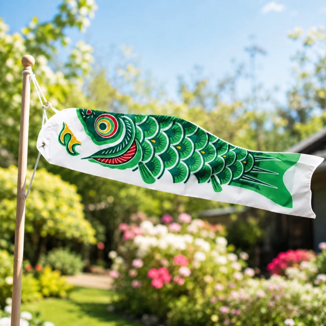 Manche à air japonais Koinobori vert - Modern and Past Manche à air japonais Koinobori vert 60 cm dans un jardin - Modern and Past
