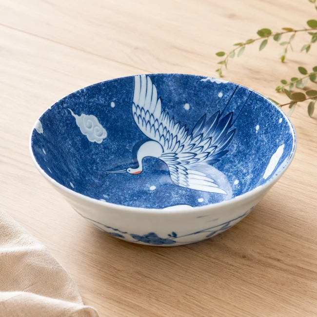 Bol japonais en céramique bleue motifs grues - Modern and Past