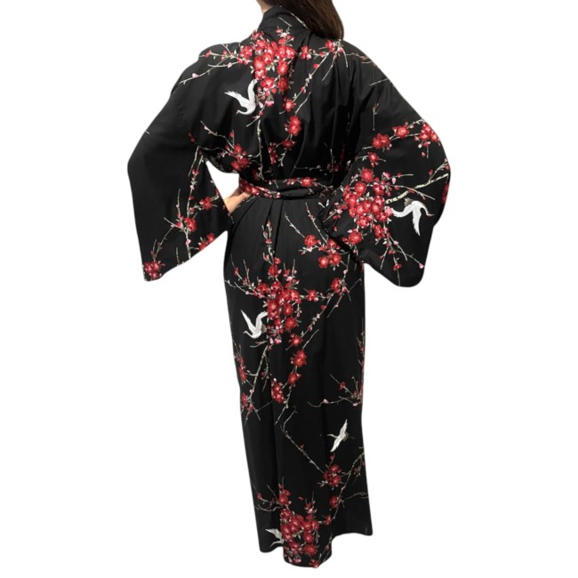 Yukata japonais femme noir avec grues et fleurs de cerisier