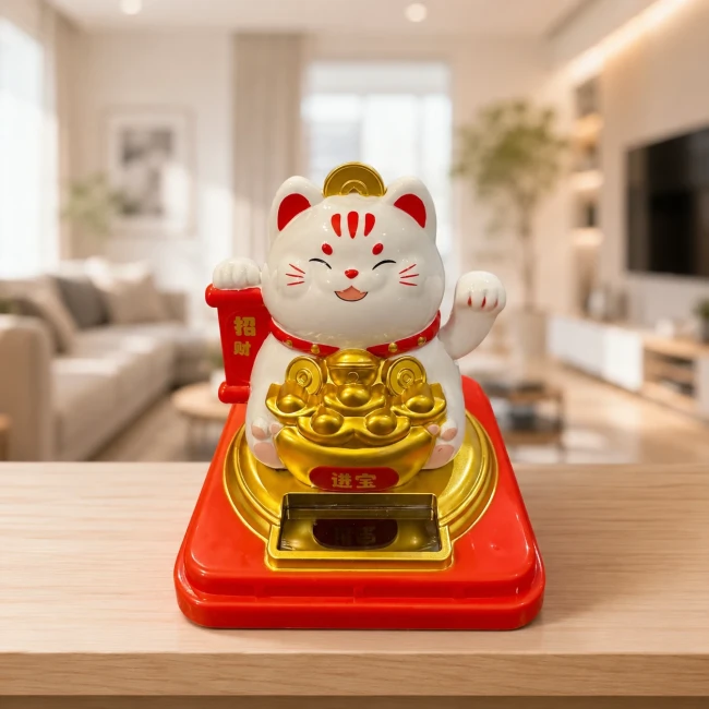 Chat porte-bonheur solaire Maneki Neko blanc Modern and Past Chat porte-bonheur solaire Maneki Neko blanc avec écus dorés sur socle rouge Modern and Past