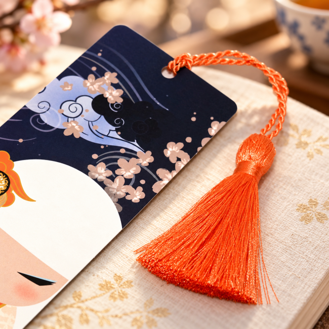 Marque-page Kimmidoll Minami avec pompon orange | Modern and Past Marque-page Kimmidoll Minami aux vagues japonaises, Kokeshi aux cheveux blancs et pompon orange – Modern and Past