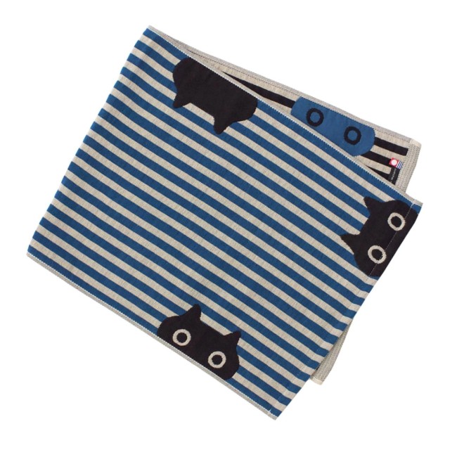 Serviette japonaise en gaze de coton bleue et blanche motif chat MMST Atsuko Matano fabriquée au Japon