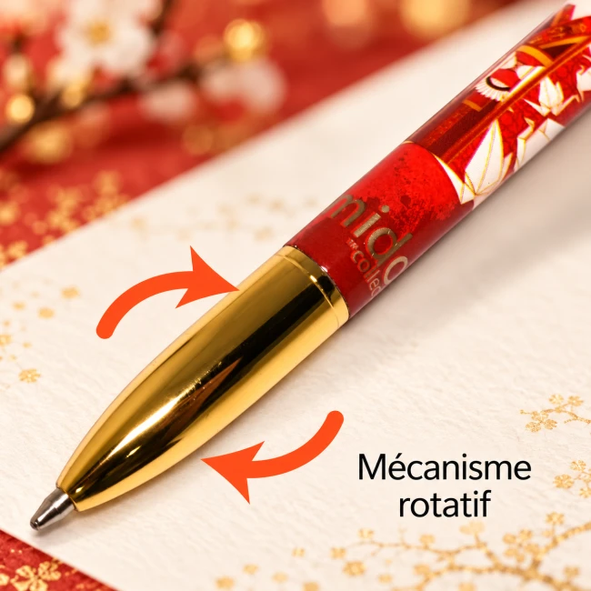 Stylo à bille Kimmidoll Nozomi – Mécanisme rotatif | Modern and Past Stylo à bille Kimmidoll Nozomi rouge avec grues japonaises en origami et finitions dorées – Modern and Past